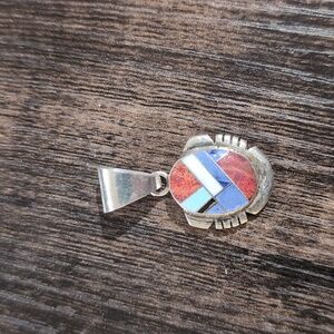 Artisan Sterling Silver Pendant with Red, Blue, White & Black Inlay